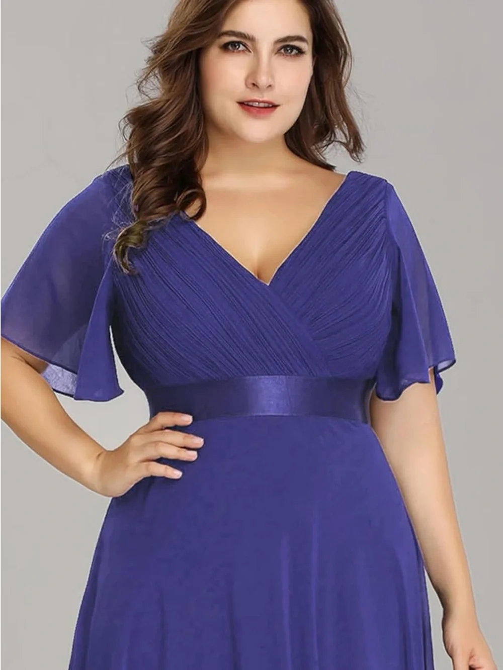 Ever Pretty Plus Size V-Neck Flutter Sleeve Maxi Dress in Royal Purple - Picture 3 of 5